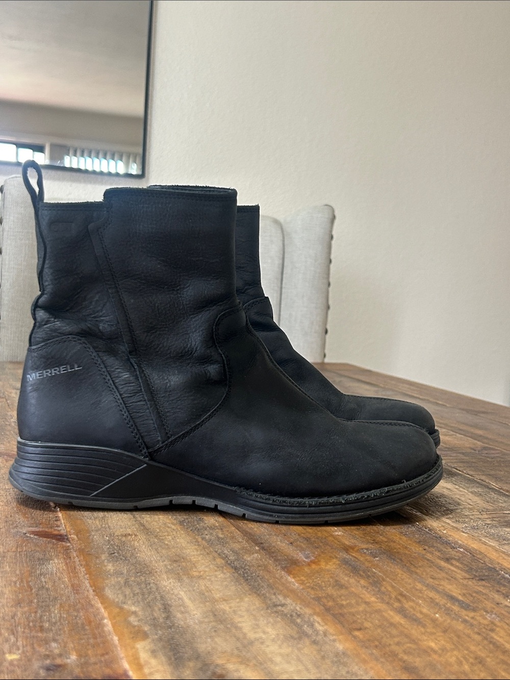 Merrell Black Leather Slip-On Ankle Booties with Pull Tab